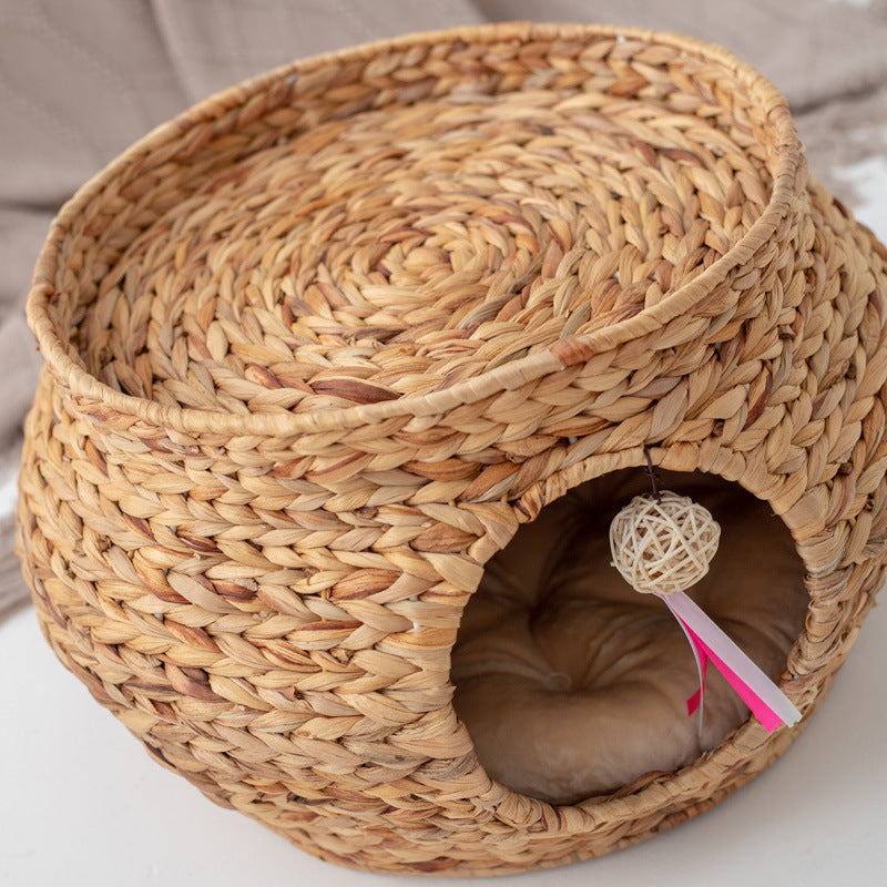 Wicker Cat Bed – All-Season Hand-Woven Cat Nest with Cooling Mat, Summer Pet Bed & Scratching Pad, Gourd Grass Pet House