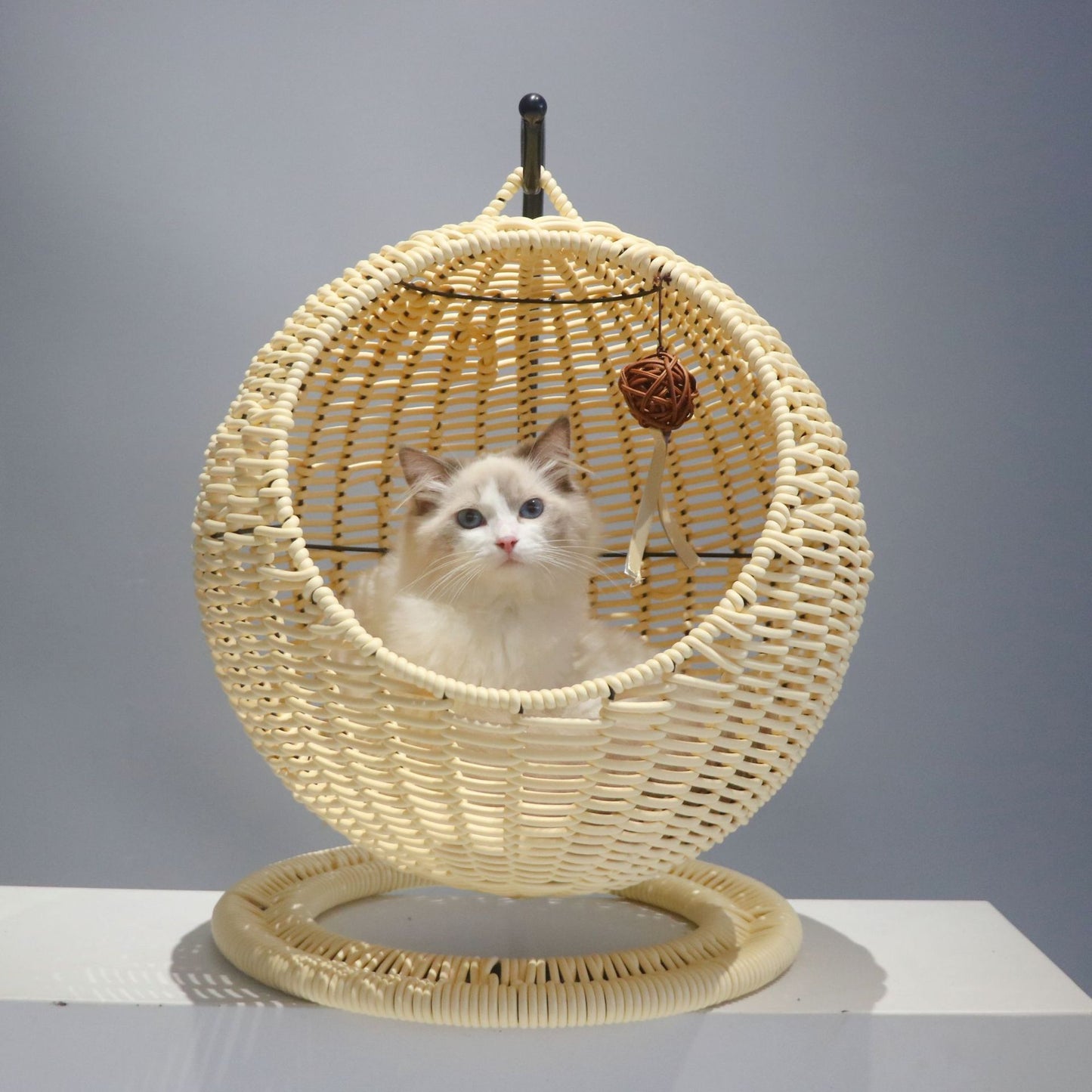 Trendy Semi-Enclosed Pet Hammock – Round Hanging Cat Bed, Wicker Basket Design, Summer Cat Hammock for Cages