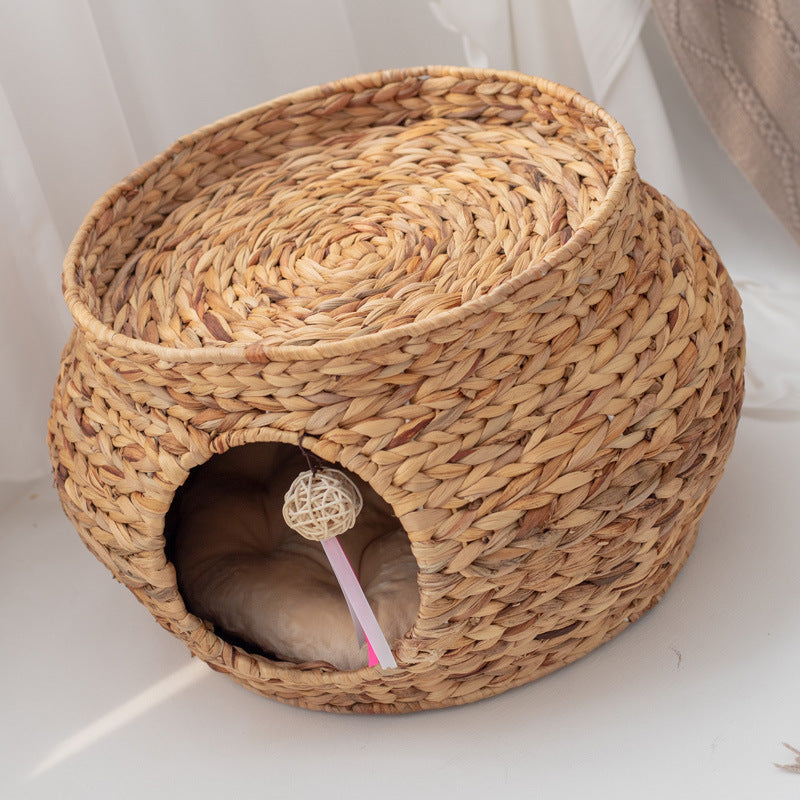 Wicker Cat Bed – All-Season Hand-Woven Cat Nest with Cooling Mat, Summer Pet Bed & Scratching Pad, Gourd Grass Pet House