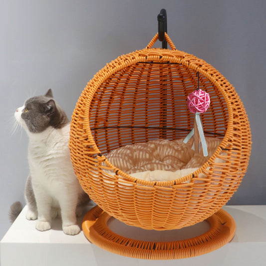 Trendy Semi-Enclosed Pet Hammock – Round Hanging Cat Bed, Wicker Basket Design, Summer Cat Hammock for Cages