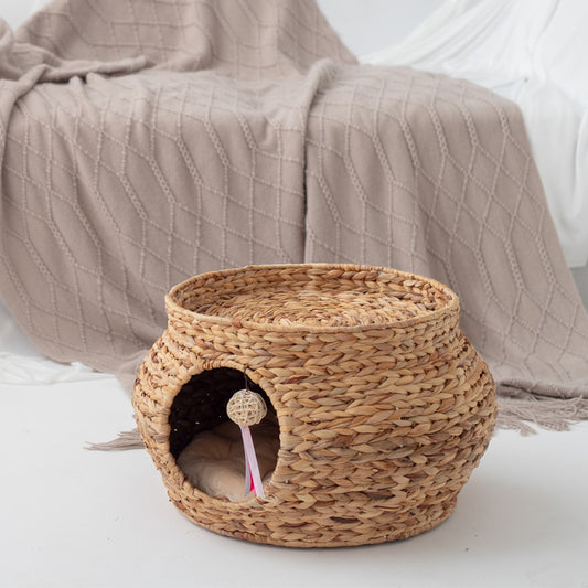 Wicker Cat Bed – All-Season Hand-Woven Cat Nest with Cooling Mat, Summer Pet Bed & Scratching Pad, Gourd Grass Pet House