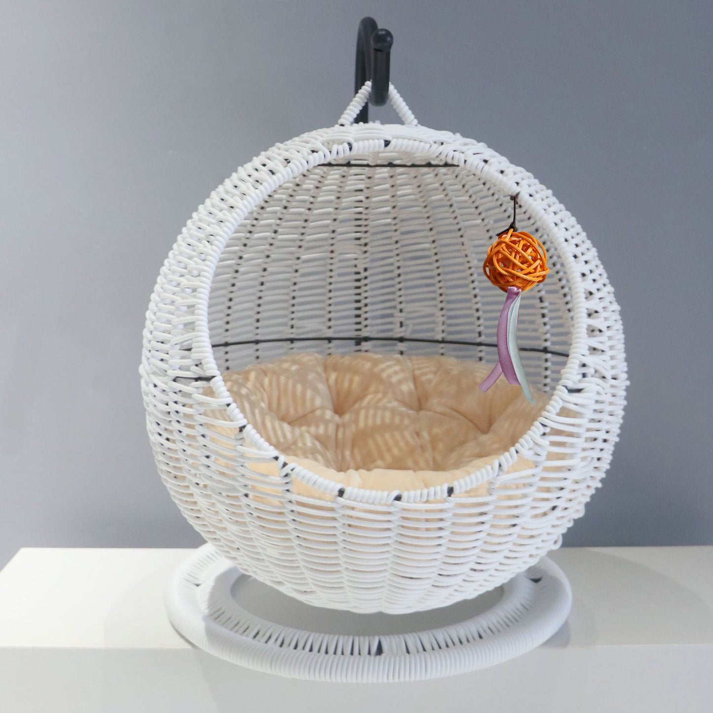 Trendy Semi-Enclosed Pet Hammock – Round Hanging Cat Bed, Wicker Basket Design, Summer Cat Hammock for Cages