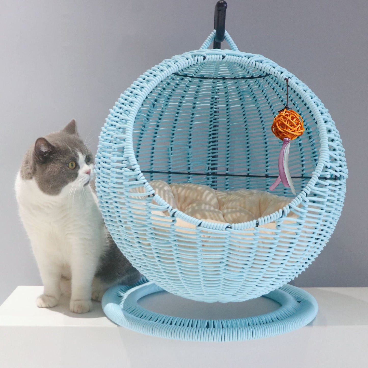 Trendy Semi-Enclosed Pet Hammock – Round Hanging Cat Bed, Wicker Basket Design, Summer Cat Hammock for Cages
