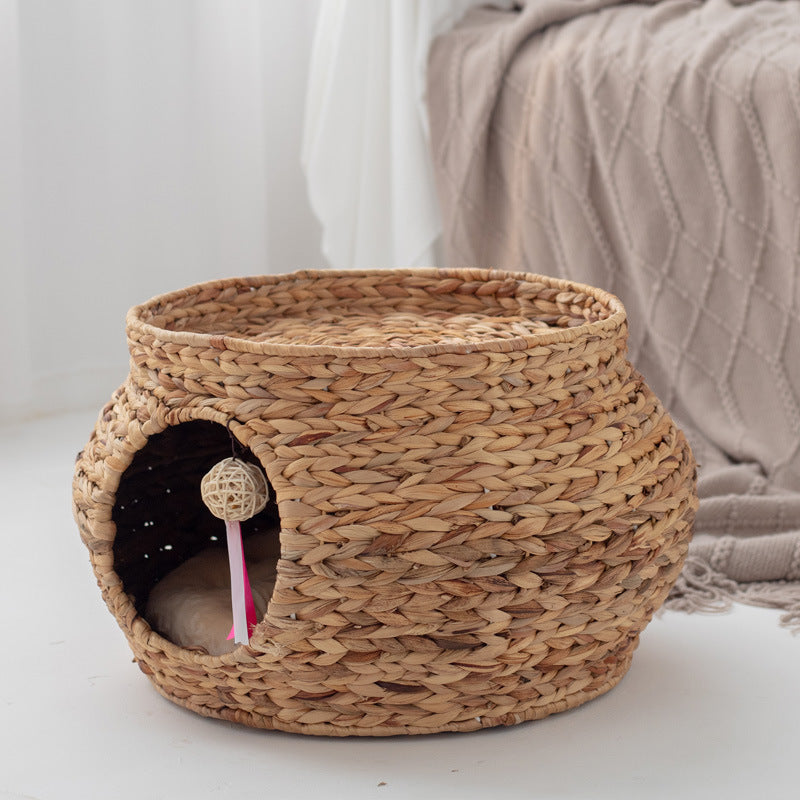 Wicker Cat Bed – All-Season Hand-Woven Cat Nest with Cooling Mat, Summer Pet Bed & Scratching Pad, Gourd Grass Pet House