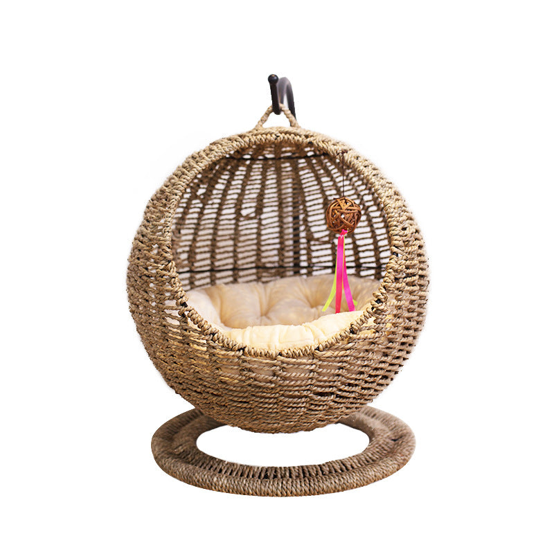 Trendy Semi-Enclosed Pet Hammock – Round Hanging Cat Bed, Wicker Basket Design, Summer Cat Hammock for Cages