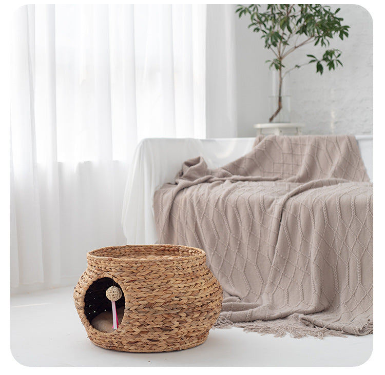 Wicker Cat Bed – All-Season Hand-Woven Cat Nest with Cooling Mat, Summer Pet Bed & Scratching Pad, Gourd Grass Pet House